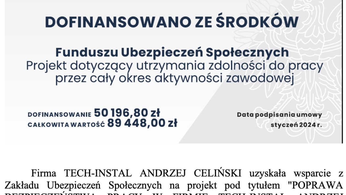 Techinstal skorzystał z dofinansowania FUS