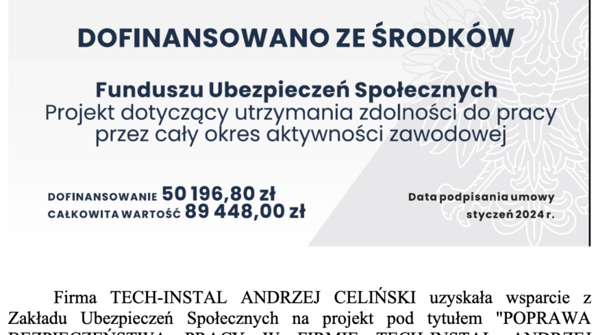 Techinstal skorzystał z dofinansowania FUS